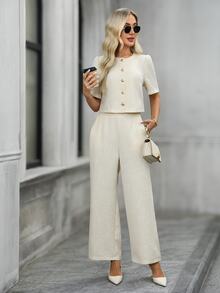 EMERY ROSE Solid Button Front Blouse Wide Leg Pants Elegant Women's Set Summer Outfit Office Tea Party Off-White - White - View 4