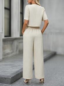 EMERY ROSE Solid Button Front Blouse Wide Leg Pants Elegant Women's Set Summer Outfit Office Tea Party Off-White - White - View 2