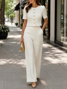 EMERY ROSE Solid Button Front Blouse Wide Leg Pants Elegant Women's Set Summer Outfit Office Tea Party Off-White - White - View 9