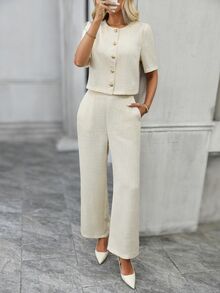 EMERY ROSE Solid Button Front Blouse Wide Leg Pants Elegant Women's Set Summer Outfit Office Tea Party Off-White - White - View 5