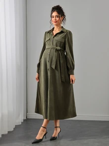 Momance Maternity Olive Green Single-Breasted Casual Maternity Elegant Long Shirt Dress Autumn Photoshoot Formal - Army Green - View 1