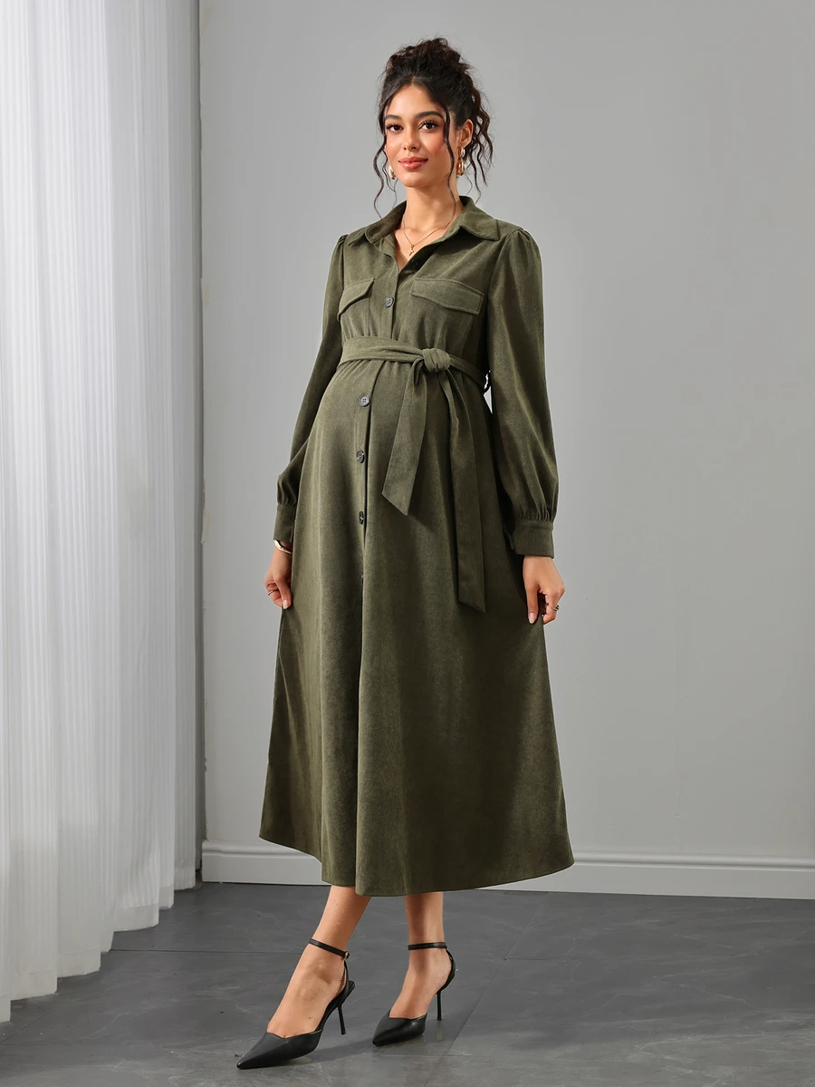 Momance Maternity Olive Green Single-Breasted Casual Maternity Elegant Long Shirt Dress Autumn Photoshoot Formal - Army Green - View 1