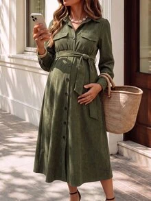 Momance Maternity Olive Green Single-Breasted Casual Maternity Elegant Long Shirt Dress Autumn Photoshoot Formal - Army Green - View 7