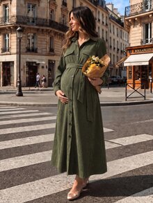 Momance Maternity Olive Green Single-Breasted Casual Maternity Elegant Long Shirt Dress Autumn Photoshoot Formal - Army Green - View 2