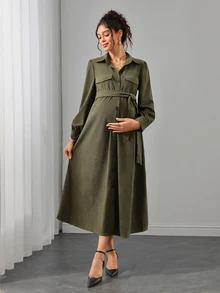 Momance Maternity Olive Green Single-Breasted Casual Maternity Elegant Long Shirt Dress Autumn Photoshoot Formal - Army Green - View 3