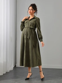 Momance Maternity Olive Green Single-Breasted Casual Maternity Elegant Long Shirt Dress Autumn Photoshoot Formal - Army Green - View 6