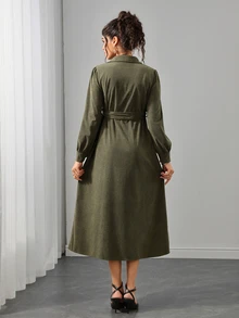 Momance Maternity Olive Green Single-Breasted Casual Maternity Elegant Long Shirt Dress Autumn Photoshoot Formal - Army Green - View 4