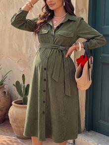 Momance Maternity Olive Green Single-Breasted Casual Maternity Elegant Long Shirt Dress Autumn Photoshoot Formal - Army Green - View 8
