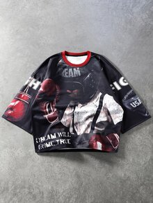 ROMWE MEN 90s Fight Gloves Full Print Oversized Short Sleeve Sweatshirt Street Pullover - Multicolor - View 1
