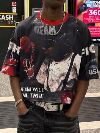 90er Jahre Fight Gloves Allover-Muster Oversized Kurzarm Sweatshirt Streetwear Pullover