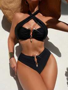 Swim SXY Solid Ring Linked Halter Summer Beach Bikini Set - Black - View 1