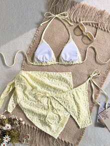 SHEIN Swim 女士甜美黄色吊带比基尼套装，配同色短裙，适合海滩度假 - 黃色 - 查看 3