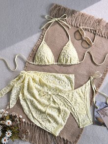 SHEIN Swim 女士甜美黄色吊带比基尼套装，配同色短裙，适合海滩度假 - 黃色 - 查看 2