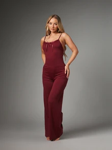 MISSGUIDED Satin Ribbon Bow Lace Trim Cami Top And Wide Leg Lounge Pants Co-Ord Set Soft Knit Sleepwear Two-Piece Pyjama Valentine Gift - Red - View 4