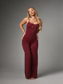 MISSGUIDED Satin Ribbon Bow Lace Trim Cami Top And Wide Leg Lounge Pants Co-Ord Set Soft Knit Sleepwear Two-Piece Pyjama Valentine Gift - Red - View 1