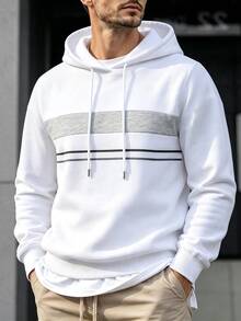 Manfinity Homme 時尚男士拼色抽繩連帽衛衣，適合日常穿著，男士連帽衫，男士連帽衫，男士連帽衫，男士衛衣，白色連帽衫 - 白色 - 查看 5