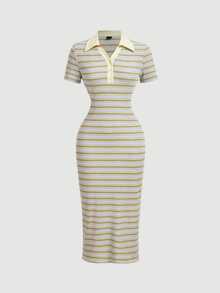 SHEIN MOD 時尚女款羅紋條紋 Polo 中長洋裝，短袖修身洋裝，女款條紋洋裝 - 彩色 - 查看 3