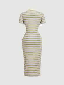 SHEIN MOD 時尚女款羅紋條紋 Polo 中長洋裝，短袖修身洋裝，女款條紋洋裝 - 彩色 - 查看 4