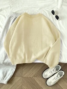 Flirla 女式纯色圆领长袖休闲套头毛衣，秋冬 - 杏色 - 查看 2