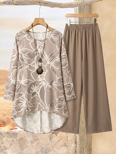 EMERY ROSE Conjunto de 2 piezas de camisa con estampado vintage y pantalones casuales para mujer