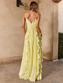 Enchnt Women's Pale Yellow Summer Elegant Tropical Cocktail Dress,Ruffle Pleated Waist Cinched Long Strap Solid Color Wedding Bridesmaid Evening - Light Yellow - View 7