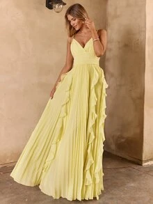 Enchnt Women's Pale Yellow Summer Elegant Tropical Cocktail Dress,Ruffle Pleated Waist Cinched Long Strap Solid Color Wedding Bridesmaid Evening - Light Yellow - View 2