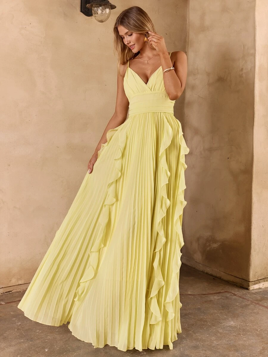 Enchnt Women's Pale Yellow Summer Elegant Tropical Cocktail Dress,Ruffle Pleated Waist Cinched Long Strap Solid Color Wedding Bridesmaid Evening