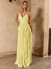 Enchnt Women's Pale Yellow Summer Elegant Tropical Cocktail Dress,Ruffle Pleated Waist Cinched Long Strap Solid Color Wedding Bridesmaid Evening - Light Yellow - View 4