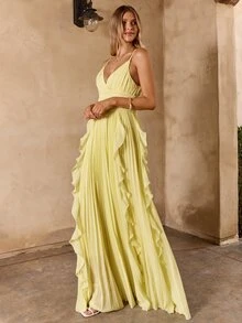 Enchnt Women's Pale Yellow Summer Elegant Tropical Cocktail Dress,Ruffle Pleated Waist Cinched Long Strap Solid Color Wedding Bridesmaid Evening - Light Yellow - View 6