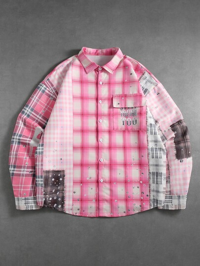 ROMWE MEN Camicia da uomo stile americano con blocchi di colore e patchwork, rosa a quadri, maniche lunghe, stampa a schizzi, vestibilità ampia, colletto casual, camicia giacca da coppia