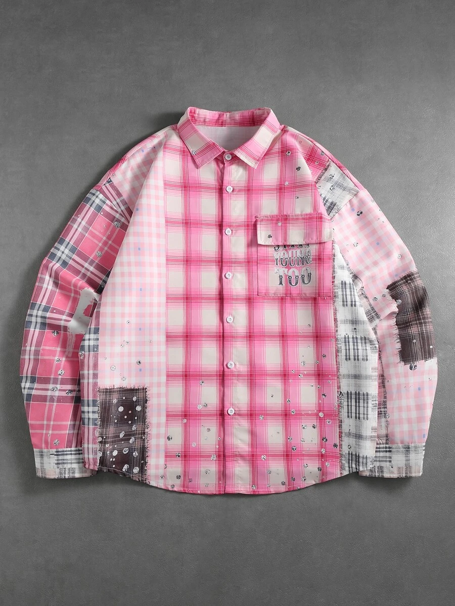 ROMWE MEN American Style Men's Colorblock Patchwork Pink Plaid Long Sleeve Shirt With Splatter Print, Loose Fit Lapel Casual Couple Shirt Jacket - Multicolor - View 1
