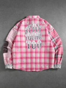 ROMWE MEN American Style Men's Colorblock Patchwork Pink Plaid Long Sleeve Shirt With Splatter Print, Loose Fit Lapel Casual Couple Shirt Jacket - Multicolor - View 2