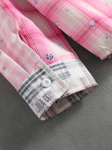 ROMWE MEN American Style Men's Colorblock Patchwork Pink Plaid Long Sleeve Shirt With Splatter Print, Loose Fit Lapel Casual Couple Shirt Jacket - Multicolor - View 6