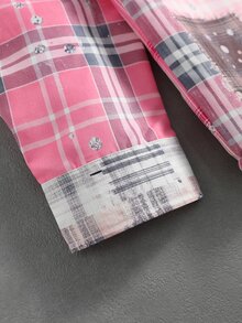 ROMWE MEN American Style Men's Colorblock Patchwork Pink Plaid Long Sleeve Shirt With Splatter Print, Loose Fit Lapel Casual Couple Shirt Jacket - Multicolor - View 7
