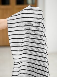 VENTUSAIL 男士針織網格條紋拼接休閒度假短袖襯衫與純色鬆緊腰短褲套裝 - 黑與白 - 查看 4