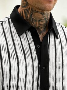 VENTUSAIL 男士針織網格條紋拼接休閒度假短袖襯衫與純色鬆緊腰短褲套裝 - 黑與白 - 查看 3