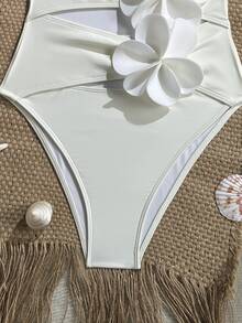 SHEIN Swim 2026 New Women's Summer Beach Vacation Elegant 3D Floral Decor Solid Color Off-Shoulder Strapless Backless Sexy Hollow Ruched One-Piece Swimsuit - White - View 7
