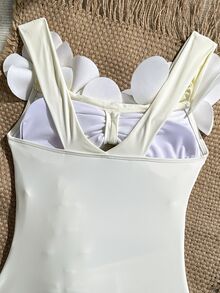 SHEIN Swim 2026 New Women's Summer Beach Vacation Elegant 3D Floral Decor Solid Color Off-Shoulder Strapless Backless Sexy Hollow Ruched One-Piece Swimsuit - White - View 8