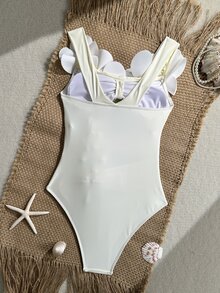SHEIN Swim 2026 New Women's Summer Beach Vacation Elegant 3D Floral Decor Solid Color Off-Shoulder Strapless Backless Sexy Hollow Ruched One-Piece Swimsuit - White - View 4