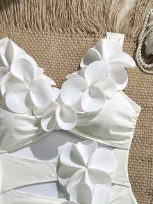 SHEIN Swim 2026 New Women's Summer Beach Vacation Elegant 3D Floral Decor Solid Color Off-Shoulder Strapless Backless Sexy Hollow Ruched One-Piece Swimsuit - White - View 6
