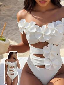 SHEIN Swim 2026 New Women's Summer Beach Vacation Elegant 3D Floral Decor Solid Color Off-Shoulder Strapless Backless Sexy Hollow Ruched One-Piece Swimsuit - White - View 1