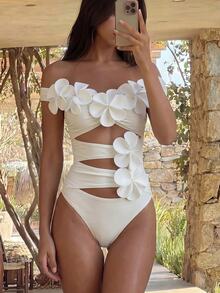 SHEIN Swim 2026 New Women's Summer Beach Vacation Elegant 3D Floral Decor Solid Color Off-Shoulder Strapless Backless Sexy Hollow Ruched One-Piece Swimsuit - White - View 5