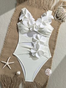 SHEIN Swim 2026 New Women's Summer Beach Vacation Elegant 3D Floral Decor Solid Color Off-Shoulder Strapless Backless Sexy Hollow Ruched One-Piece Swimsuit - White - View 3