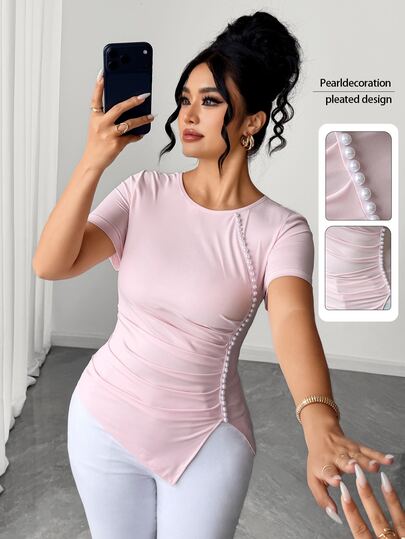 Elenzga Plus Size Women's Elegant Pearl Decorated Elastic Light Pink T-Shirt Fashion Week Formal Fashion Week Summer