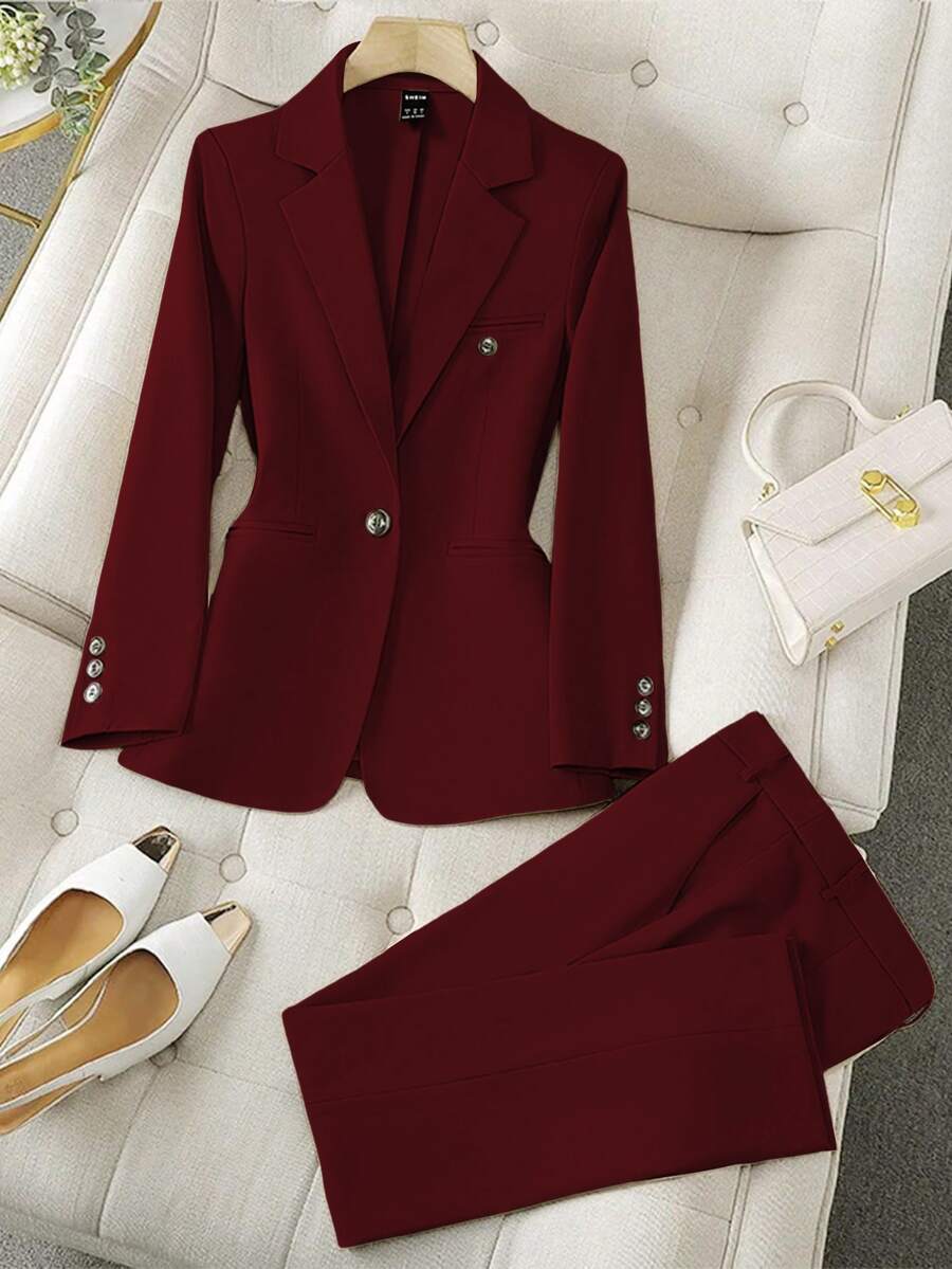 SHEIN Fiorisel Solid Color Single-Breasted Suit Jacket And Trousers Elegant Two-Piece Suit Fall Cloth For Women - Burgundy - View 1