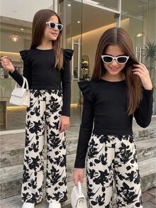 Firerie Kids Tween Girl 2件套黑色針織紋理圓領長袖荷葉袖上衣搭配印花直筒長褲套裝，適合秋冬返校穿著 - 黑色 - 查看 7