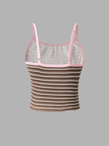 SHEIN Sparklyn 两件套少女粉色条纹吊带背心+条纹修身喇叭裤夏季套装 - 彩色 - 查看 5