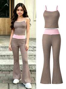 SHEIN Sparklyn 两件套少女粉色条纹吊带背心+条纹修身喇叭裤夏季套装 - 彩色 - 查看 1