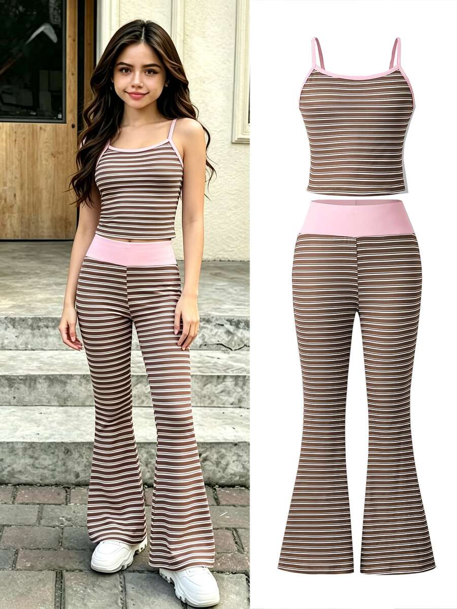 SHEIN Sparklyn 两件套少女粉色条纹吊带背心+条纹修身喇叭裤夏季套装 - 彩色 - 查看 1