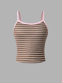 SHEIN Sparklyn 两件套少女粉色条纹吊带背心+条纹修身喇叭裤夏季套装 - 彩色 - 查看 6